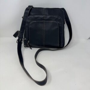 Tignanello Black Pebbled Leather Crossbody Bag Organizer Purse Contrast Stitch